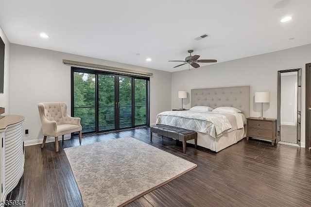 41 Park Way W, Orange Twp, NJ 07052 - bedroom with access to outside, dark wood finished floors, baseboards, ceiling fan, and recessed lighting