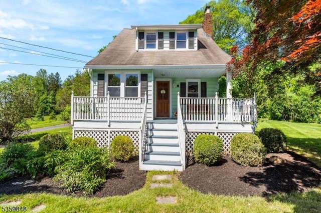 7 Shores Rd, Mendham Twp, NJ 07926 - bungalow-style house with a porch, a chimney, and stairway
