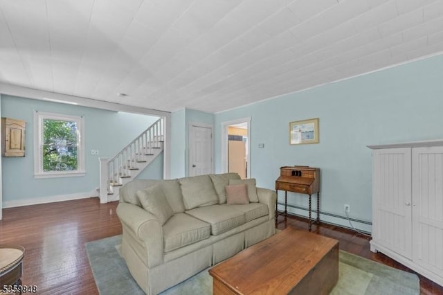7 Shores Rd, Mendham Twp, NJ 07926 - living room featuring wood finished floors, stairs, baseboard heating, and baseboards
