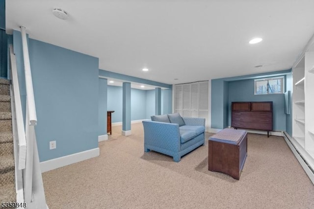 7 Shores Rd, Mendham Twp, NJ 07926 - living room featuring light carpet, recessed lighting, stairs, baseboards, and baseboard heating