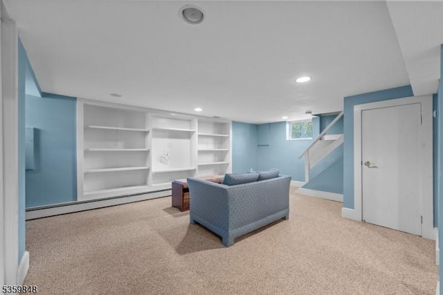 7 Shores Rd, Mendham Twp, NJ 07926 - carpeted living room with a baseboard heating unit, recessed lighting, and baseboards