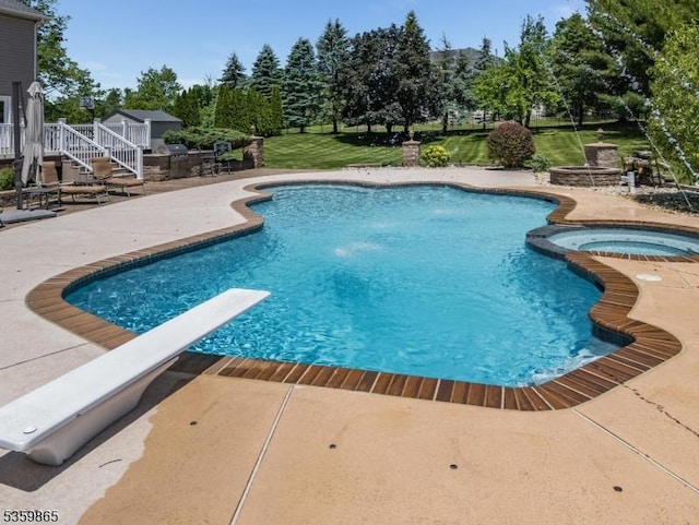 28 Lavada Ln, Raritan Twp, NJ 08551 - view of swimming pool with a patio area, stairway, a diving board, a lawn, and a deck