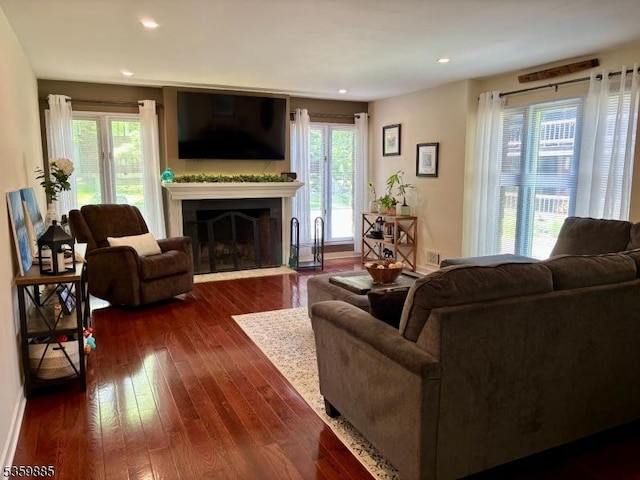 25 Osprey Cg310, Allamuchy Twp, NJ 07840 - living room featuring a fireplace with flush hearth, healthy amount of natural light, dark wood finished floors, and recessed lighting