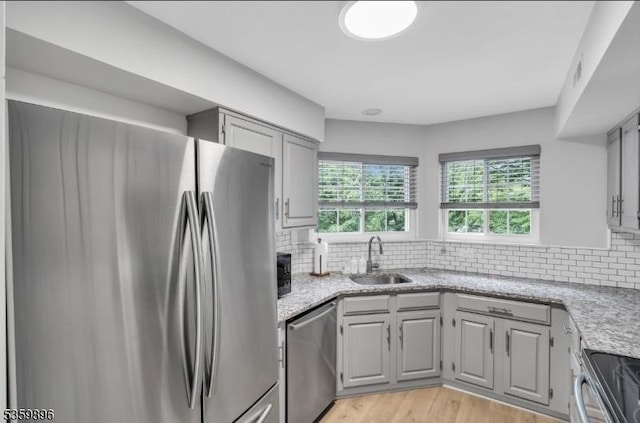 65 Academy Ct, Bedminster Twp, NJ 07921 - kitchen featuring appliances with stainless steel finishes, a sink, gray cabinets, and decorative backsplash
