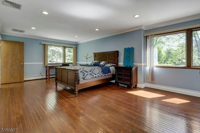 24 Partridge Run, Montvale Boro, NJ 07645 - bedroom featuring ornamental molding, a baseboard radiator, wood-type flooring, baseboards, and recessed lighting