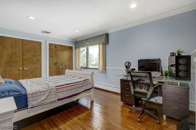 24 Partridge Run, Montvale Boro, NJ 07645 - bedroom with a baseboard heating unit, ornamental molding, hardwood / wood-style floors, two closets, and recessed lighting