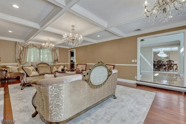 24 Partridge Run, Montvale Boro, NJ 07645 - living area with a chandelier, wood finished floors, coffered ceiling, beam ceiling, and ornamental molding
