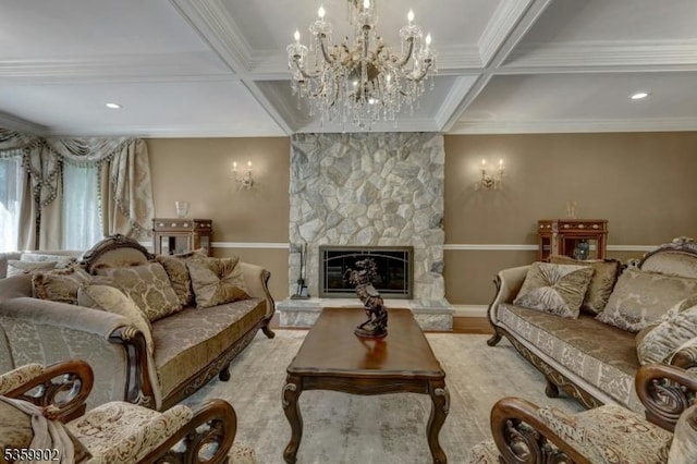 24 Partridge Run, Montvale Boro, NJ 07645 - living area with coffered ceiling, a stone fireplace, beamed ceiling, a chandelier, and ornamental molding