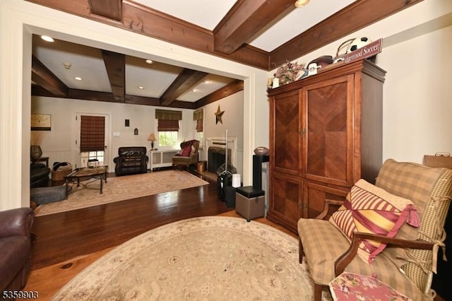 777 E Ridgewood Ave, Ridgewood Village, NJ 07450 - living area featuring beamed ceiling and wood finished floors