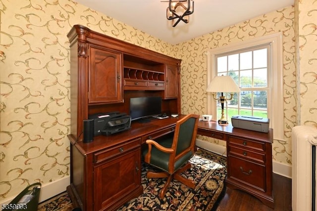 777 E Ridgewood Ave, Ridgewood Village, NJ 07450 - office space with wallpapered walls, radiator, and dark wood-style floors