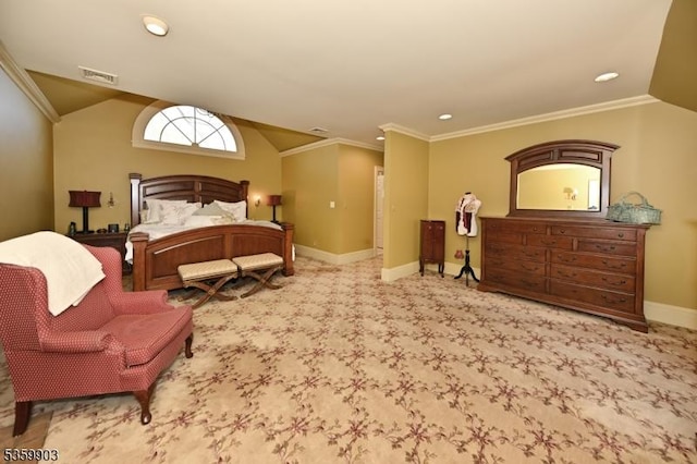 777 E Ridgewood Ave, Ridgewood Village, NJ 07450 - carpeted bedroom featuring baseboards, lofted ceiling, recessed lighting, and ornamental molding