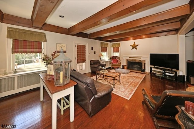 777 E Ridgewood Ave, Ridgewood Village, NJ 07450 - living room with radiator, beam ceiling, plenty of natural light, and wood finished floors
