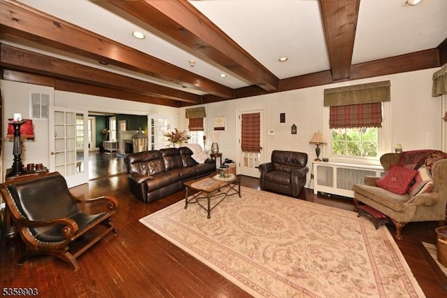 777 E Ridgewood Ave, Ridgewood Village, NJ 07450 - living room with radiator, beam ceiling, wood finished floors, and recessed lighting