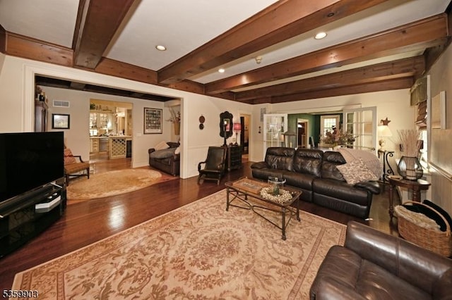 777 E Ridgewood Ave, Ridgewood Village, NJ 07450 - living area featuring wood finished floors, beamed ceiling, and recessed lighting