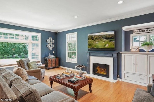 23 Parkview Rd, Chatham Twp, NJ 07928 - living room with light wood finished floors, ornamental molding, recessed lighting, a fireplace with flush hearth, and baseboards