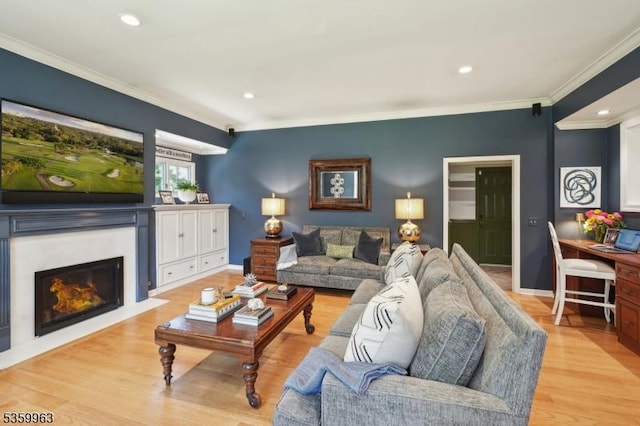 23 Parkview Rd, Chatham Twp, NJ 07928 - living room featuring a fireplace with flush hearth, crown molding, light wood finished floors, recessed lighting, and baseboards