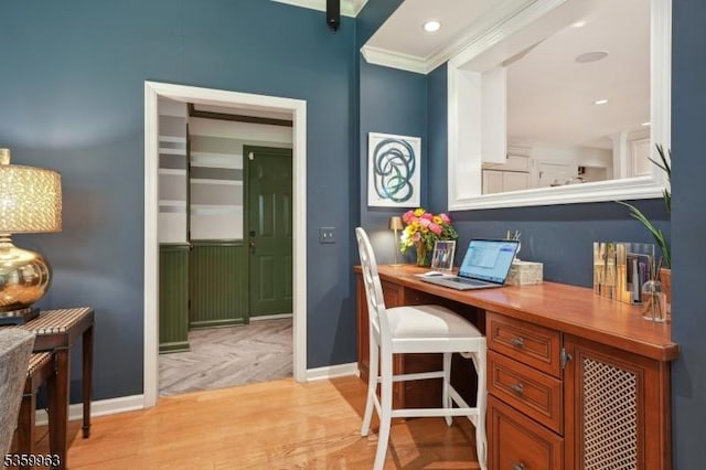 23 Parkview Rd, Chatham Twp, NJ 07928 - office area with baseboards, ornamental molding, parquet flooring, and built in desk