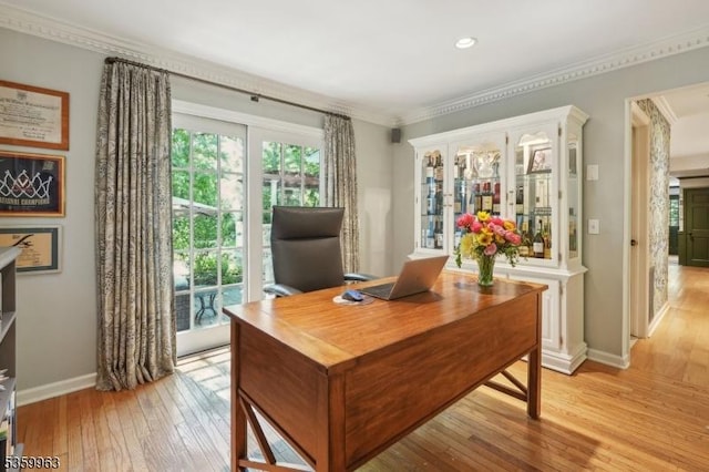 23 Parkview Rd, Chatham Twp, NJ 07928 - home office featuring light wood-style floors, baseboards, ornamental molding, and recessed lighting