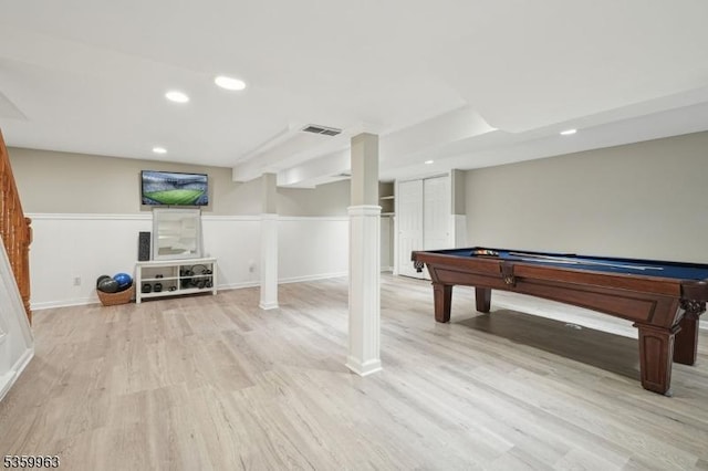 23 Parkview Rd, Chatham Twp, NJ 07928 - game room with pool table, light wood finished floors, recessed lighting, and baseboards