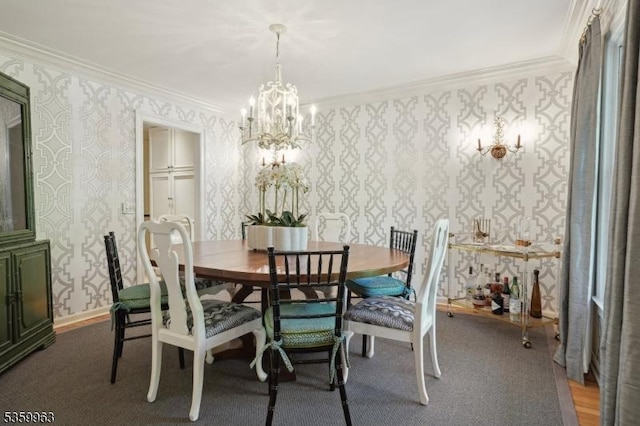 23 Parkview Rd, Chatham Twp, NJ 07928 - dining room with wallpapered walls, a chandelier, and ornamental molding