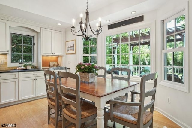 23 Parkview Rd, Chatham Twp, NJ 07928 - dining space with a chandelier, light wood-type flooring, recessed lighting, and baseboards