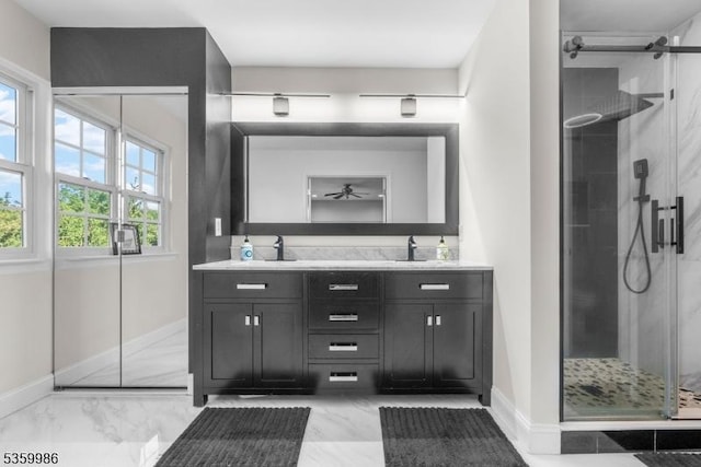 3 River Birch Cir, Montgomery Twp, NJ 08540 - bathroom with marble finish floors, baseboards, a stall shower, and double vanity