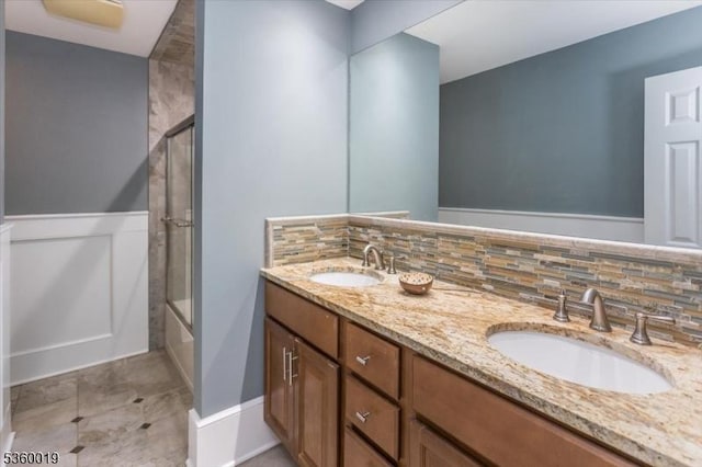 18 W Circuit Dr, Roxbury Twp, NJ 07876 - full bathroom featuring double vanity, backsplash, and enclosed tub / shower combo