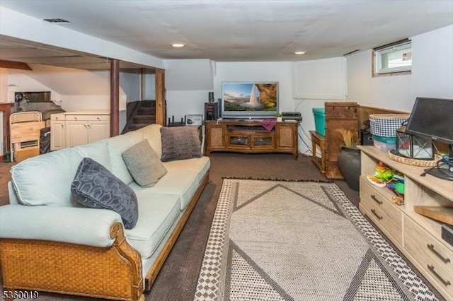 18 W Circuit Dr, Roxbury Twp, NJ 07876 - living area with dark colored carpet, stairs, and recessed lighting