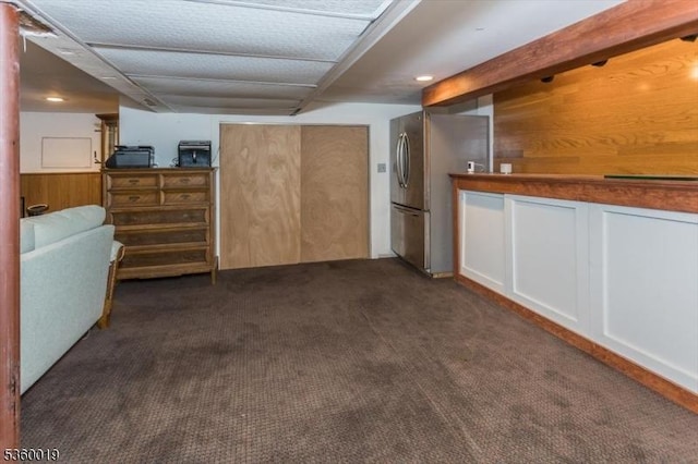 18 W Circuit Dr, Roxbury Twp, NJ 07876 - below grade area featuring dark colored carpet and freestanding refrigerator