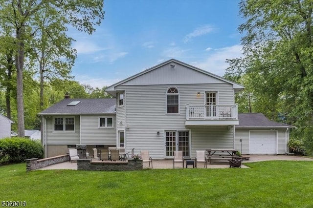 18 W Circuit Dr, Roxbury Twp, NJ 07876 - rear view of property featuring a balcony, a lawn, an attached garage, a patio area, and a chimney