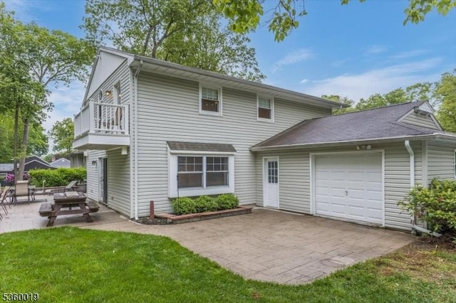 18 W Circuit Dr, Roxbury Twp, NJ 07876 - rear view of property with a balcony, a garage, and a patio area