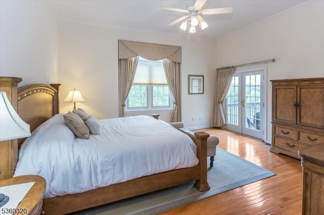 22 Troon Dr, Fredon Twp, NJ 07860 - bedroom with access to outside, light wood-style flooring, ornamental molding, ceiling fan, and baseboards