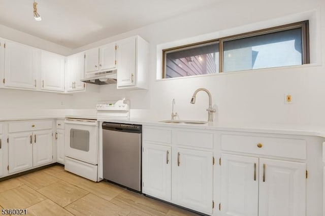 101 River Rd Unit C2, Nutley Twp, NJ 07110 - kitchen with dishwasher, white electric stove, under cabinet range hood, and white cabinets