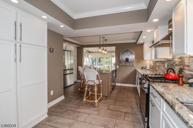 6 Maple Ave, West Orange Twp, NJ 07052 - kitchen featuring stainless steel appliances, baseboards, decorative backsplash, white cabinetry, and crown molding
