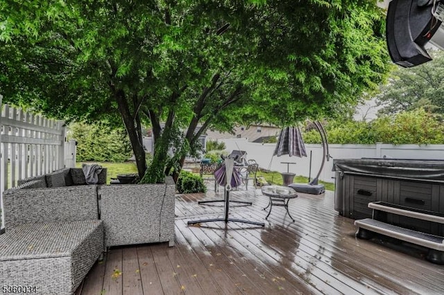 6 Maple Ave, West Orange Twp, NJ 07052 - wooden terrace with a hot tub, a fenced backyard, and outdoor dining area