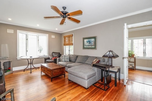 6 Maple Ave, West Orange Twp, NJ 07052 - living room featuring a ceiling fan, light wood-style flooring, baseboards, recessed lighting, and crown molding