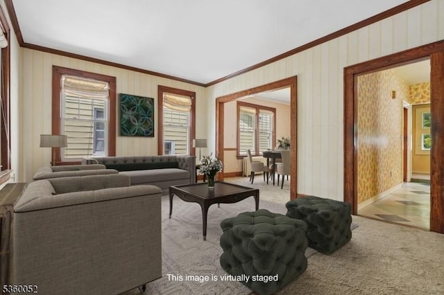 139 S Maple Ave, Springfield Twp, NJ 07081 - living area with crown molding, light carpet, and baseboards