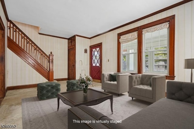 139 S Maple Ave, Springfield Twp, NJ 07081 - living area with ornamental molding, carpet floors, stairway, plenty of natural light, and baseboards