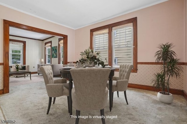 139 S Maple Ave, Springfield Twp, NJ 07081 - dining space with carpet, crown molding, baseboards, and wainscoting