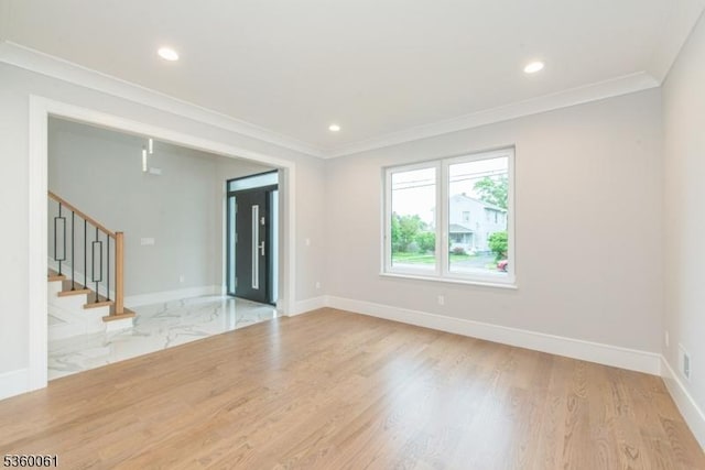 56B Jefferson Ave, Emerson Boro, NJ 07630 - empty room with crown molding, stairway, baseboards, recessed lighting, and wood finished floors