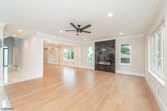 56B Jefferson Ave, Emerson Boro, NJ 07630 - unfurnished living room featuring crown molding, recessed lighting, a chandelier, light wood-type flooring, and a ceiling fan