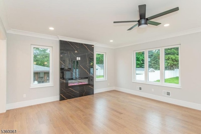 56B Jefferson Ave, Emerson Boro, NJ 07630 - unfurnished living room with ornamental molding, wood finished floors, baseboards, ceiling fan, and recessed lighting
