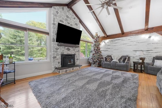 26 Danville Mountain Rd, Liberty Twp, NJ 07838 - living area with beam ceiling, a ceiling fan, plenty of natural light, light wood-type flooring, and baseboards
