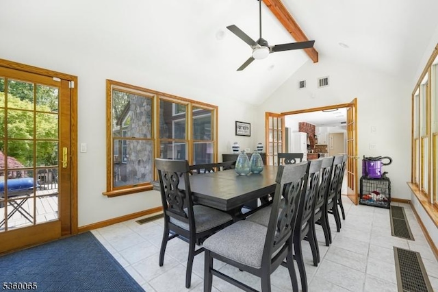 26 Danville Mountain Rd, Liberty Twp, NJ 07838 - dining area with beam ceiling, light tile patterned flooring, high vaulted ceiling, a ceiling fan, and baseboards
