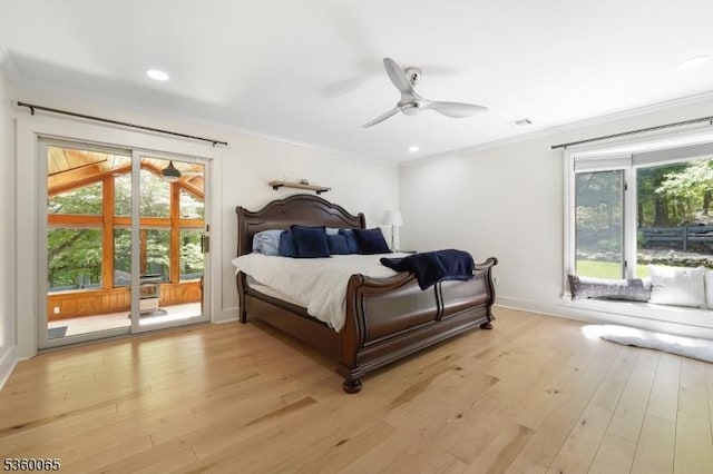 26 Danville Mountain Rd, Liberty Twp, NJ 07838 - bedroom featuring crown molding, light wood-style flooring, access to exterior, a ceiling fan, and recessed lighting