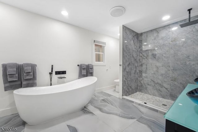 26 Danville Mountain Rd, Liberty Twp, NJ 07838 - bathroom featuring a soaking tub, vanity, baseboards, a marble finish shower, and recessed lighting