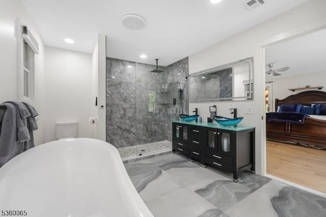 26 Danville Mountain Rd, Liberty Twp, NJ 07838 - full bath featuring a marble finish shower, a freestanding bath, double vanity, connected bathroom, and recessed lighting