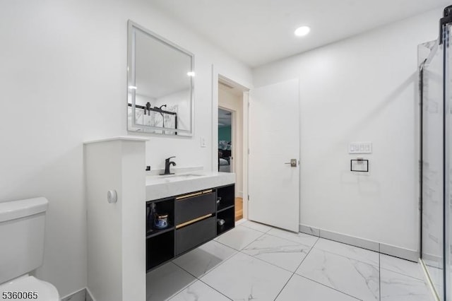 26 Danville Mountain Rd, Liberty Twp, NJ 07838 - bathroom featuring vanity, toilet, marble look tile flooring, a shower with shower door, and recessed lighting