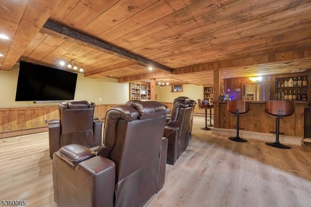 26 Danville Mountain Rd, Liberty Twp, NJ 07838 - home theater with wood ceiling, wooden walls, bar area, light wood-style floors, and wainscoting
