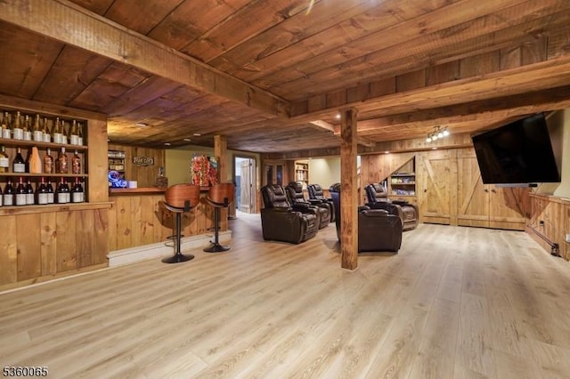 26 Danville Mountain Rd, Liberty Twp, NJ 07838 - living area with wooden ceiling, wooden walls, wood finished floors, and a bar